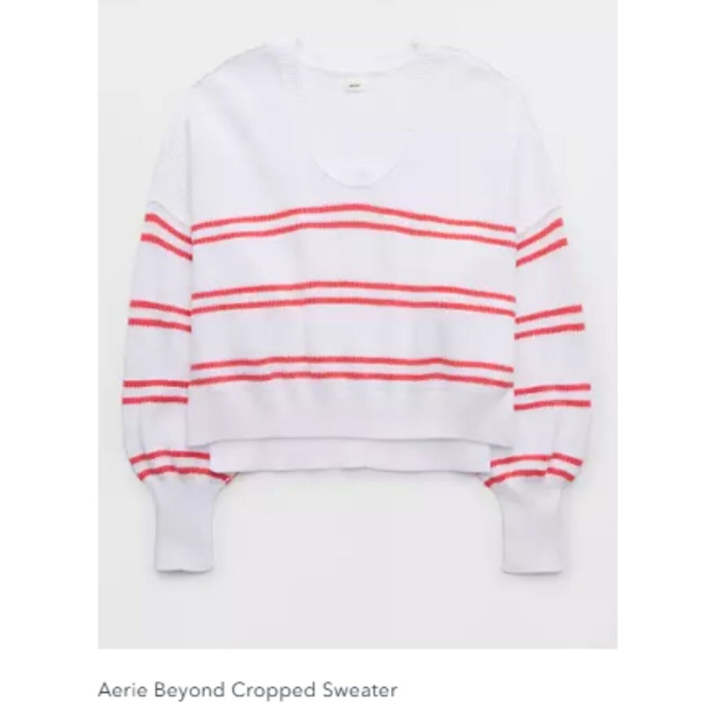 Aerie Beyond Cropped Sweater White Orange Striped Balloon Sleeve Knit XS